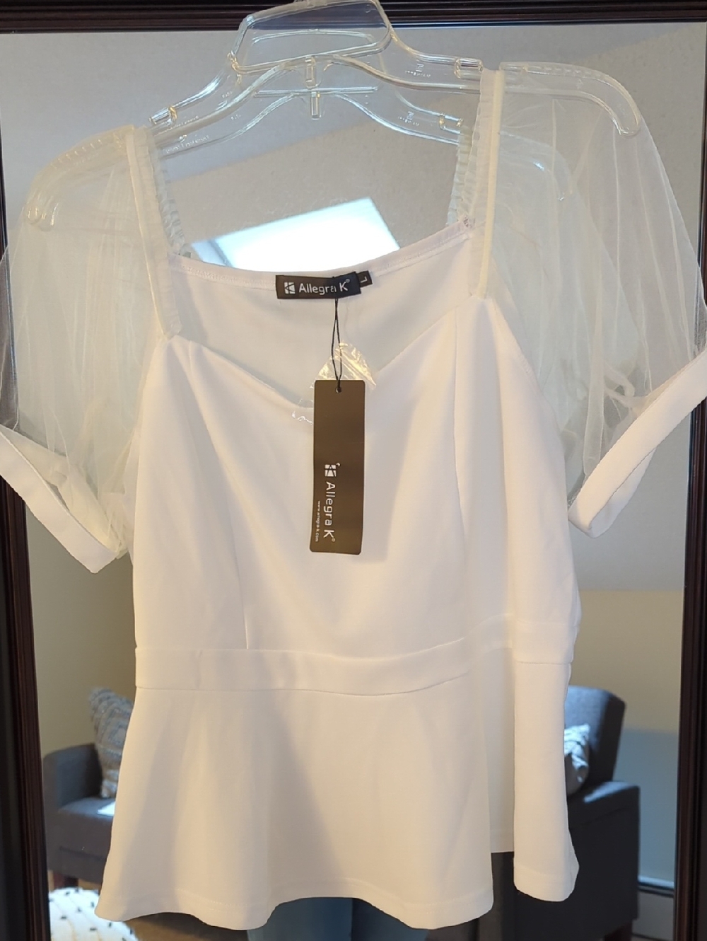Allegra K White Peplum Top with Sheer Puff Sleeves Size L